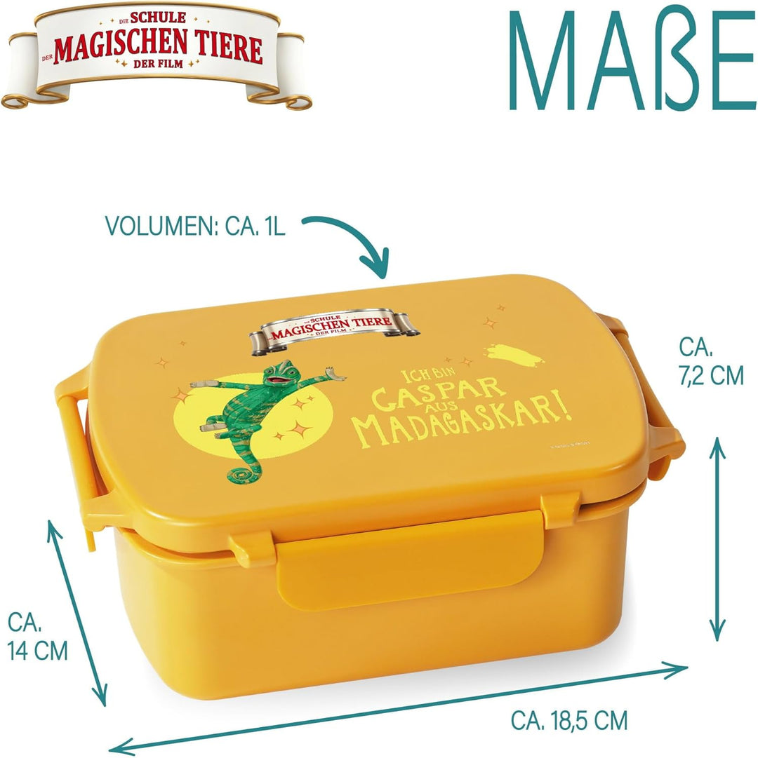 AWAVE Die Schule der Magischen Tiere Brotdose Kinder mit Fächern rPET Gelb Caspar Snackbox 1 L mit D