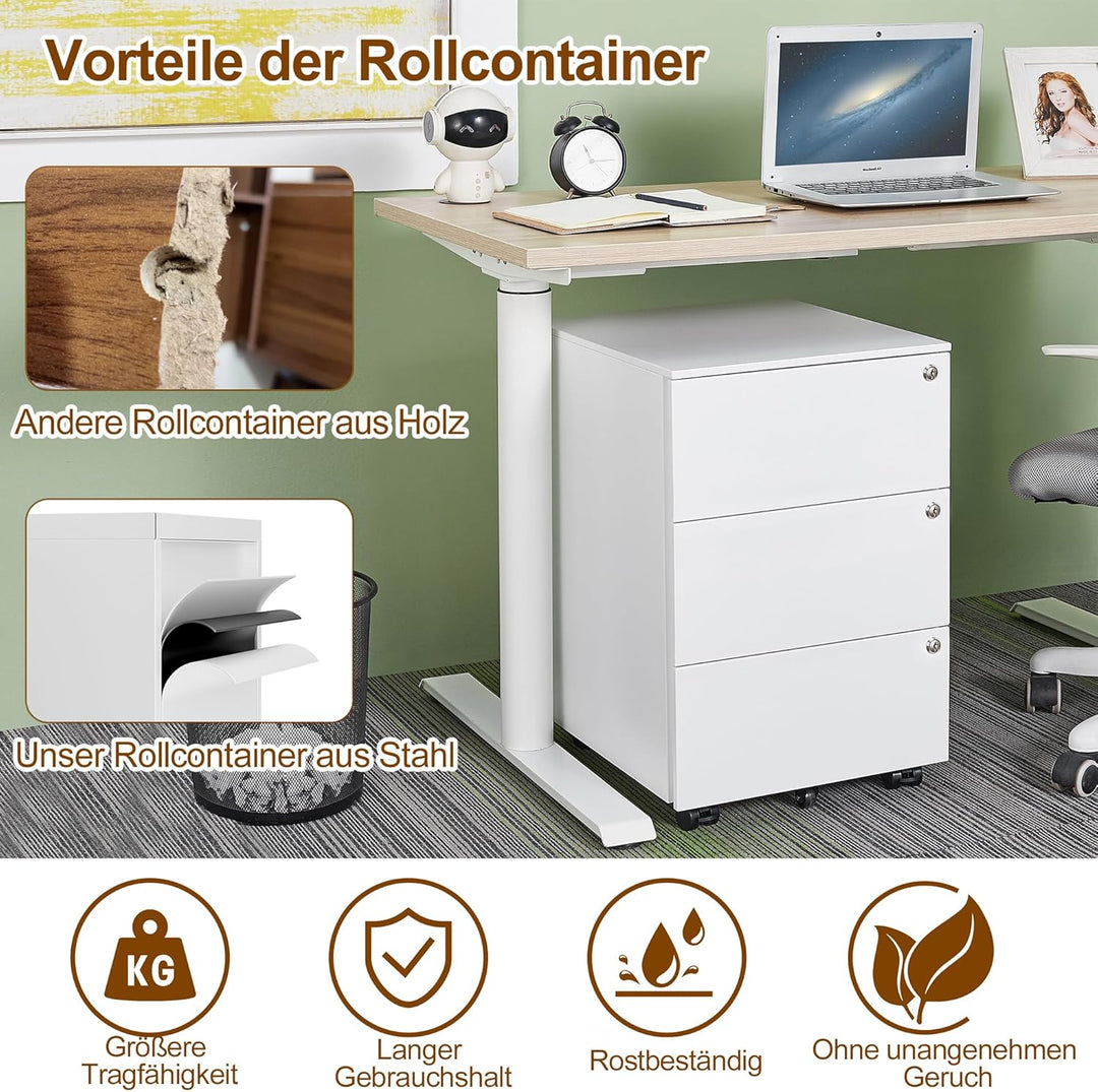 Rollcontainer, Mobiler Aktenschrank mit 3 Schlössern, 4 Schlüssel, 3 Schubladen, Rollcontainer Schre