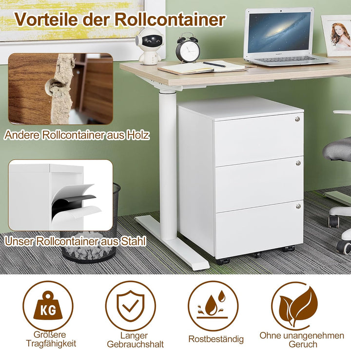 Rollcontainer, Mobiler Aktenschrank mit 3 Schlössern, 4 Schlüssel, 3 Schubladen, Rollcontainer Schre