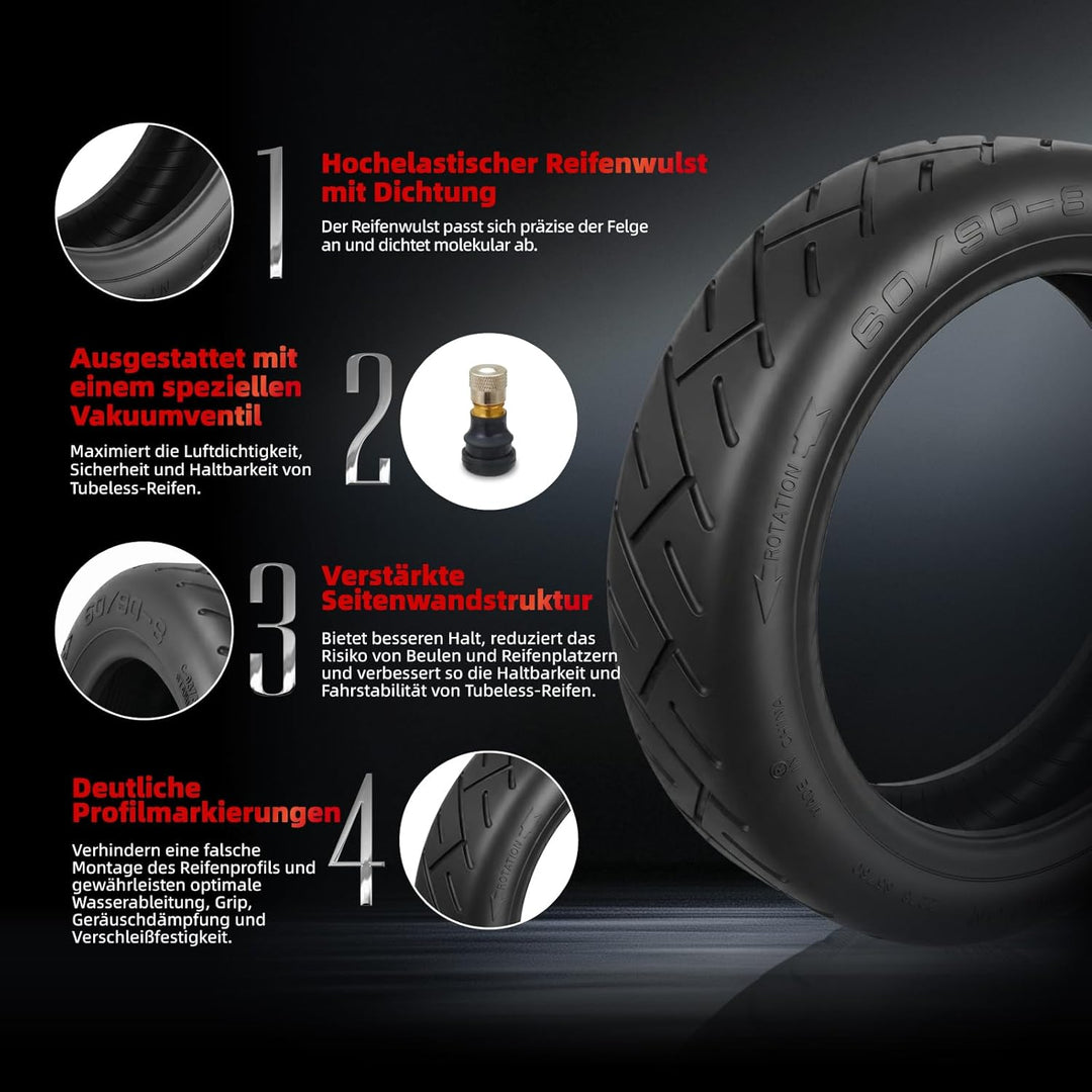 60/90-8 Schlauchloser Reifen für Xiaomi 5 Plus Elektroroller, 12 Zoll Tubeless Reifen Zubehör Explos