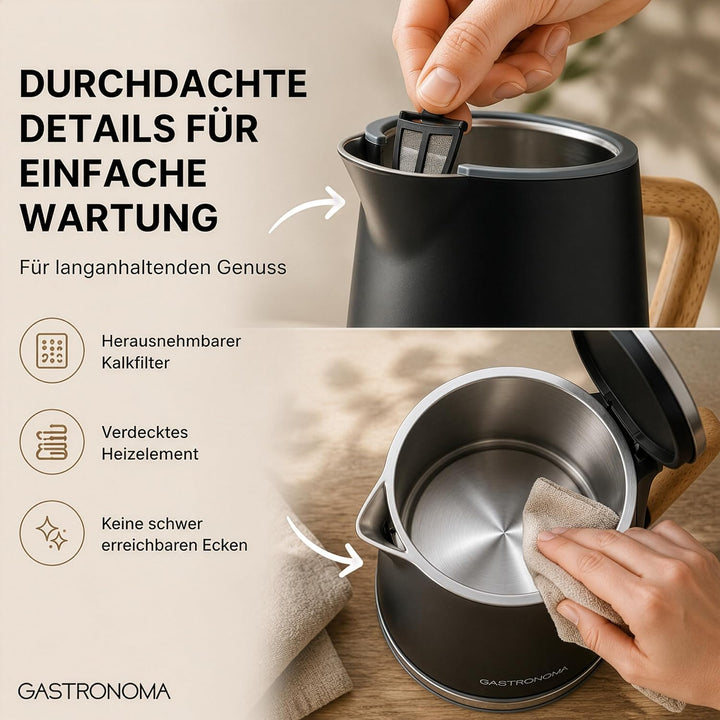 Gastronoma Wasserkocher Edelstahl 1,7 L - Kettle mit Kalkfilter - Schwarz | 2200 W - 360° Pirouetteb