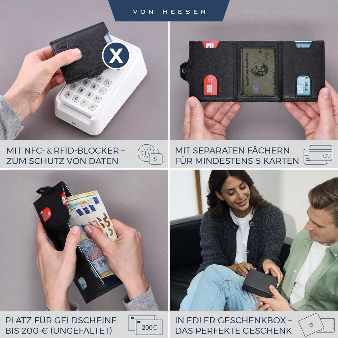 VON HEESEN Slim Wallet mit XL Münzfach & RFID Schutz - Leder Geldbörse Herren klein - Mini Geldbeute