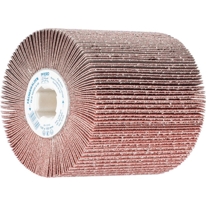 PFERD Fächerschleifwalze | 100 x 100 mm, Keilnut 19mm, Korund A 180 | 44783180 – zum universellen Ei
