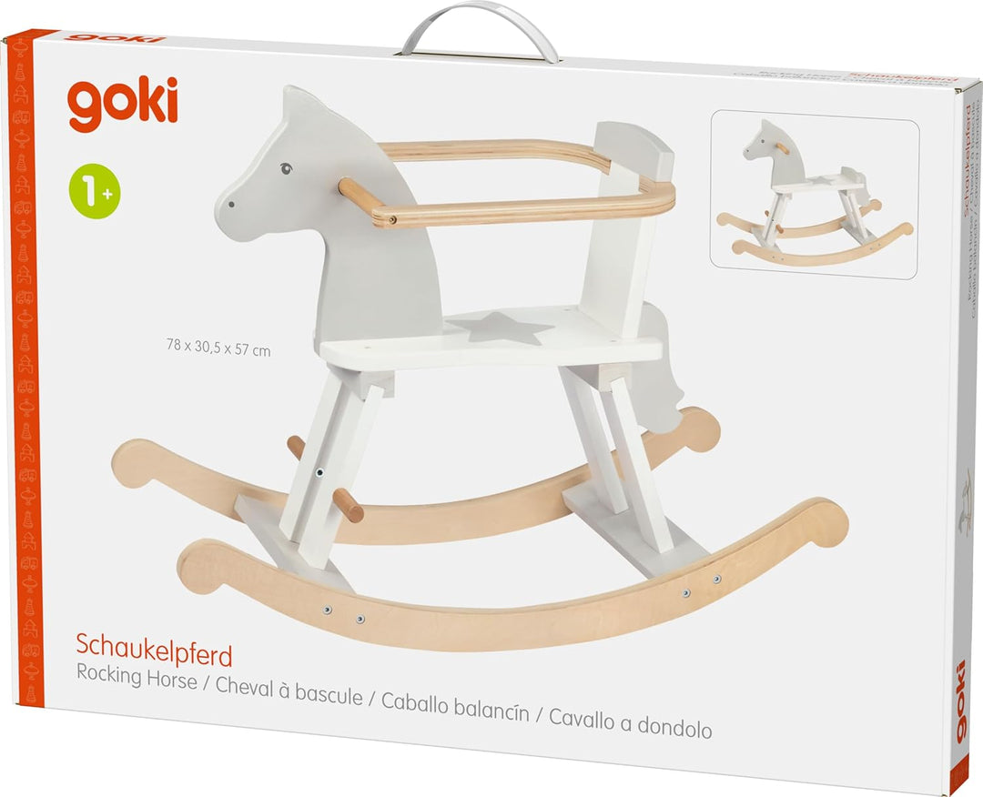 goki 53933 Schaukelpferd, 78 x 30,5 x 57 cm, Holz, klassisches Kinder-Schaukelpferd, mit Rückenlehne