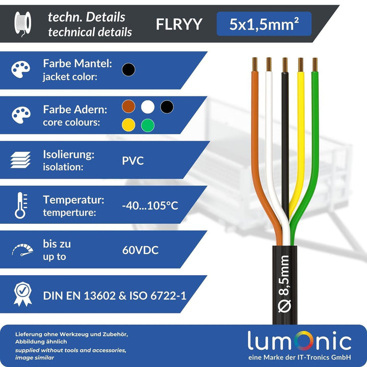 10m Lumonic 1m FLRYY Fahrzeugkabel 5 adrig I Fahrzeugleitung mit Kabelquerschnitt 5x 1,5mm² I Kabel
