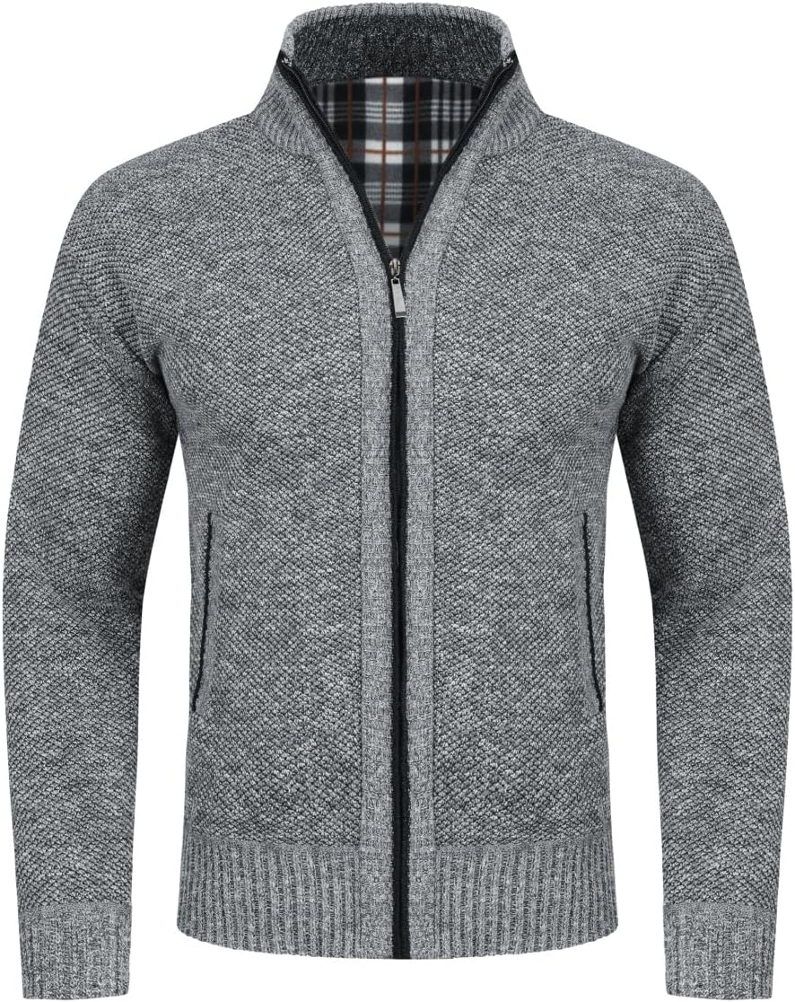Sliktaa Herren Strickjacke Reissverschluss Cardigan Stehkragen Grobstrick Fleecejacke Warm Sweater J