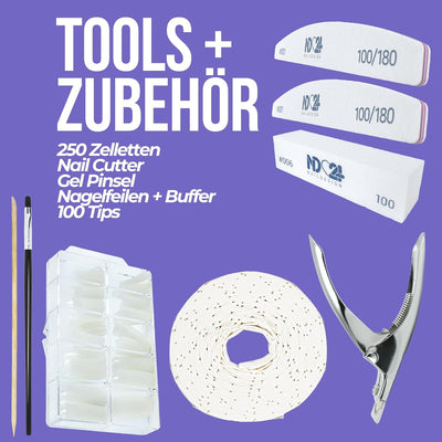 ND24 NailDesign – Gelnägel Starter Set Premium mit Haftgel, Aufbaugel, Frenchgel, Versiegelungsgel,