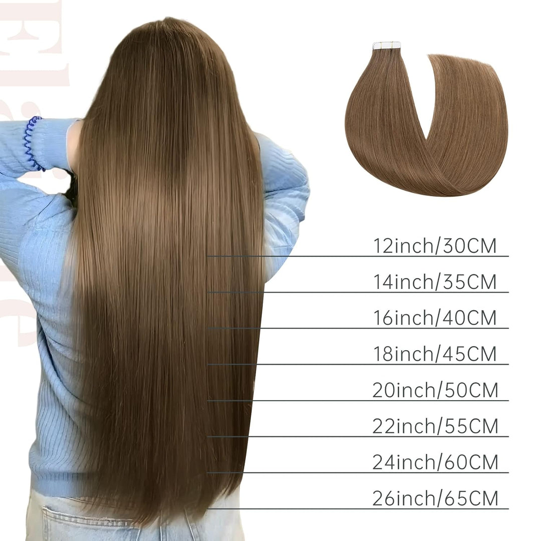 Elailite Echthaar Extensions Tape in #6 Mittelbraun 20 stück Invisible Kleber Haarverlängerung Klebe