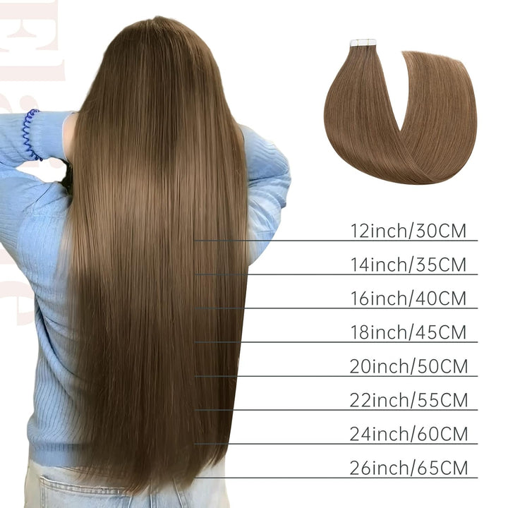 Elailite Echthaar Extensions Tape in #6 Mittelbraun 20 stück Invisible Kleber Haarverlängerung Klebe