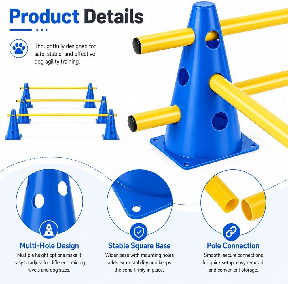 Steckhürdenset, Agility Set Hunde mit 8 Kegel(23cm) + 4 Stangen(1 m), Cavaletti Hund für Koordinatio
