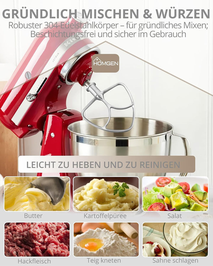 HOMGEN Flachrührer Edelstahl für Kitchenaid 4.5/5QT Flachrührer aus Edelstahl spülmaschinenfest für