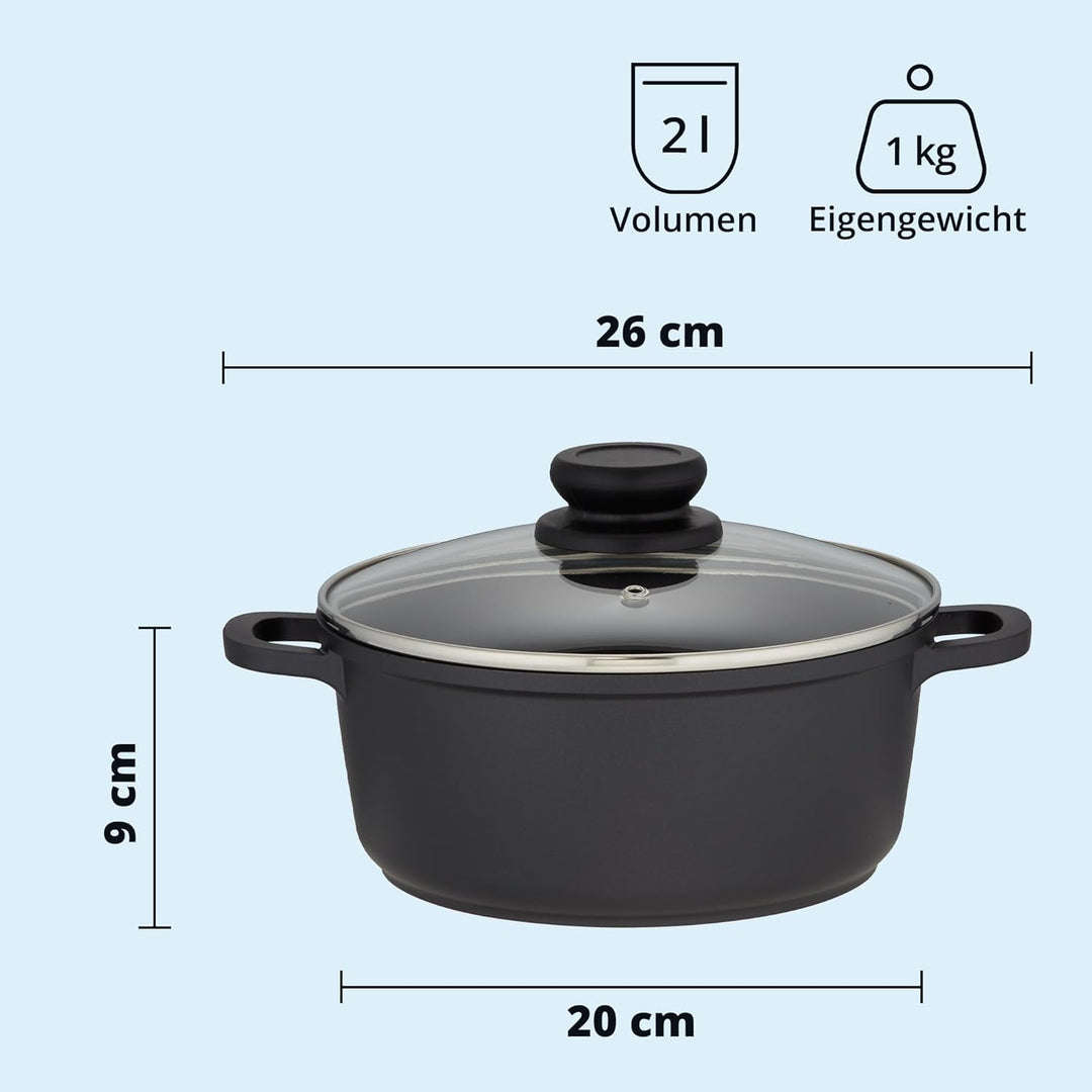 KHG Topf Kochtopf 20 cm Induktion Antihaftbeschichtung 2 Liter | Schwarz Aluminium mit Glasdeckel |