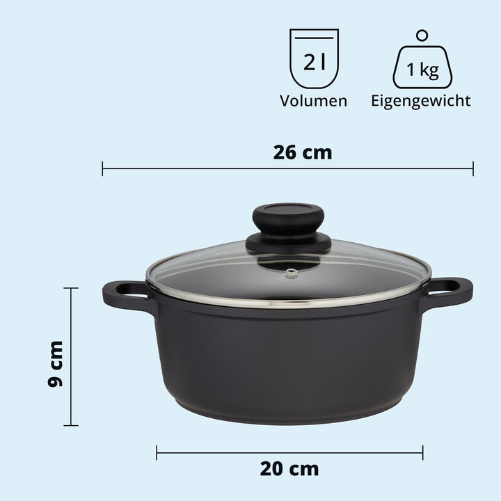KHG Topf Kochtopf 20 cm Induktion Antihaftbeschichtung 2 Liter | Schwarz Aluminium mit Glasdeckel |