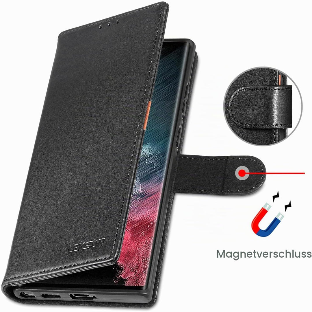 LENSUN Echtleder Hülle für Samsung Galaxy S22 Ultra, Handyhülle Echt Leder [Magnetverschluss][RFID]