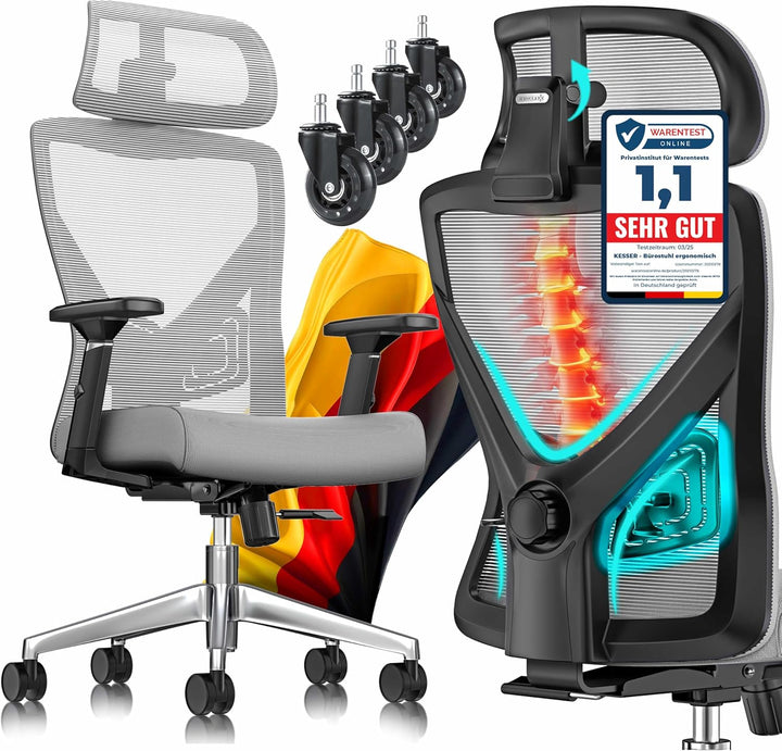 KESSER® Bürostuhl Ergonomisch mit verstellbaren Armlehnen | Drehstuhl mit Lendenwirbelstütze Rückens