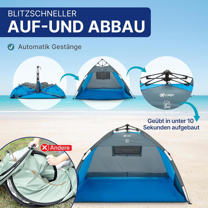 EXPLORER Automatik Strandmuschel mit UV Schutz 80+ [190x100x110cm] kleines Packmass leicht und schne