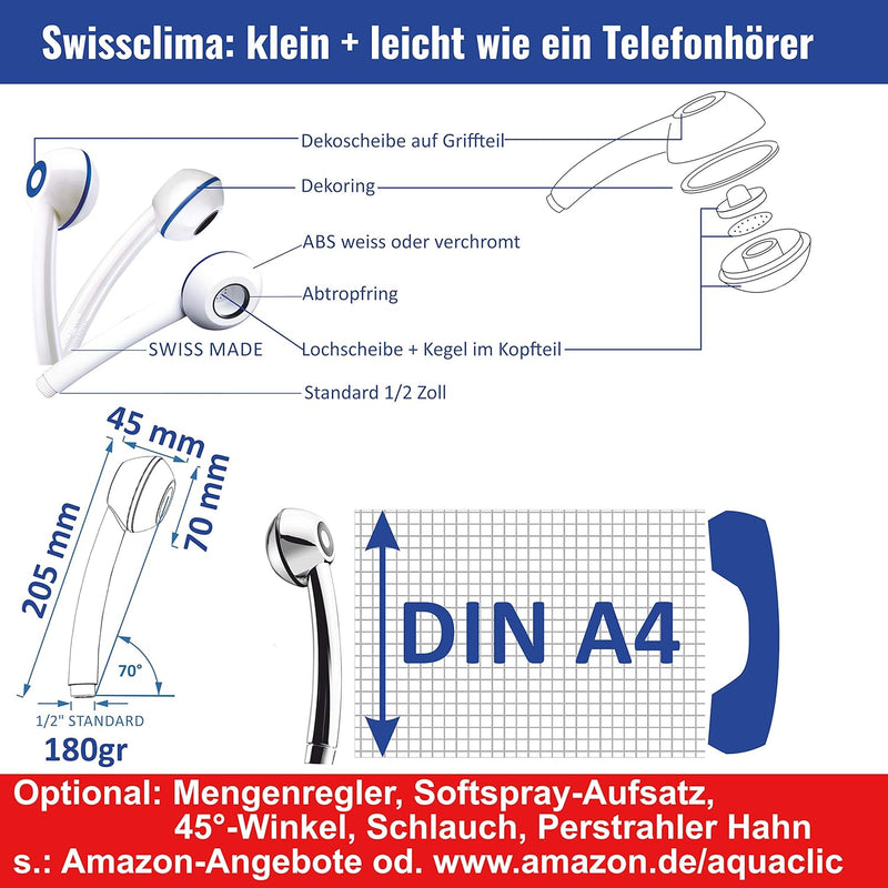 Duschkopf mit Schlauch, 175cm, extrastark, antikalk. PREMIUM MINUS-CO2: Mit Brause zum Wassersparen