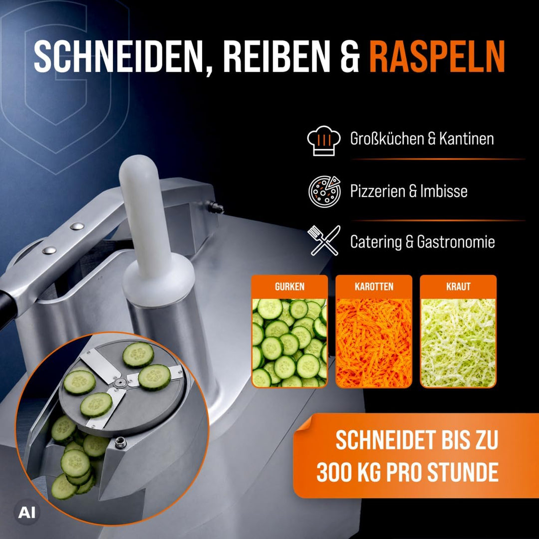 GastroHero Gemüseschneider I Elektrischer Gemüseschneider I 300 kg/h Leistung I 5 Scheiben Ø 2-7 mm