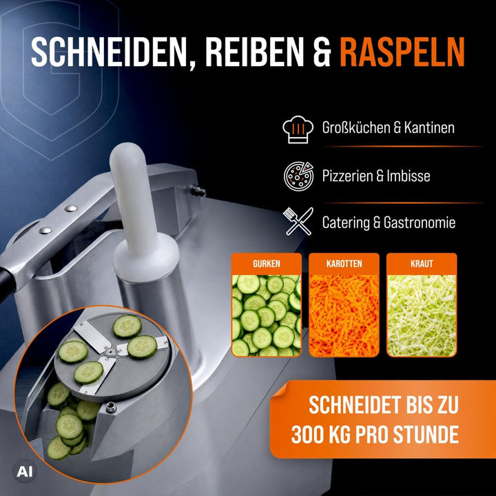 GastroHero Gemüseschneider I Elektrischer Gemüseschneider I 300 kg/h Leistung I 5 Scheiben Ø 2-7 mm