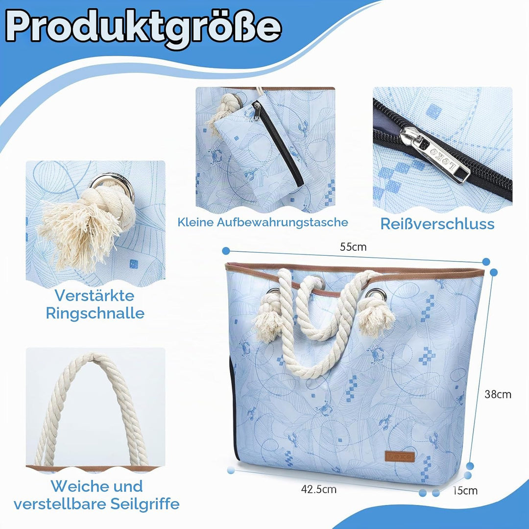Strandtasche Damen Gross mit Reissverschluss, Vielseitiger Badetasche XXL Familie Saunatasche Reiset
