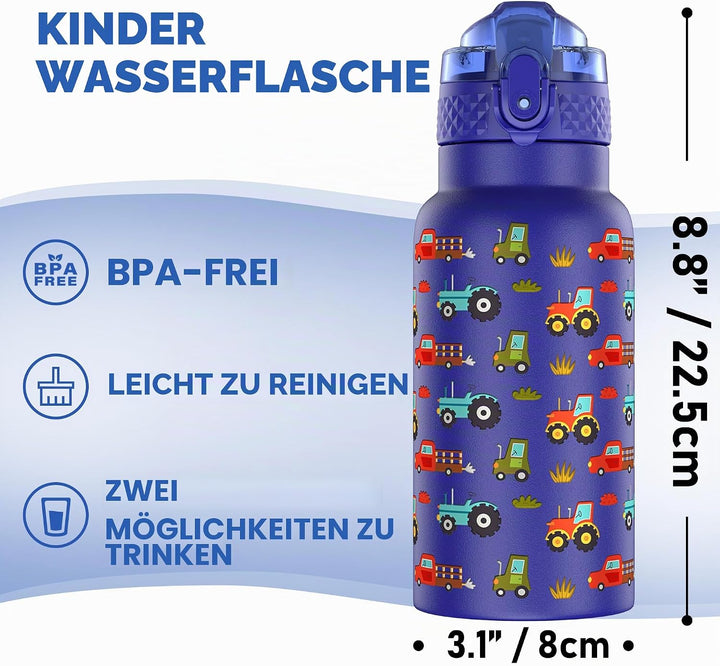 OLDLEY 500 ml isolierte Kinder-Wasserflasche aus Edelstahl mit Strohhalm, doppelwandig, Metall, Vaku