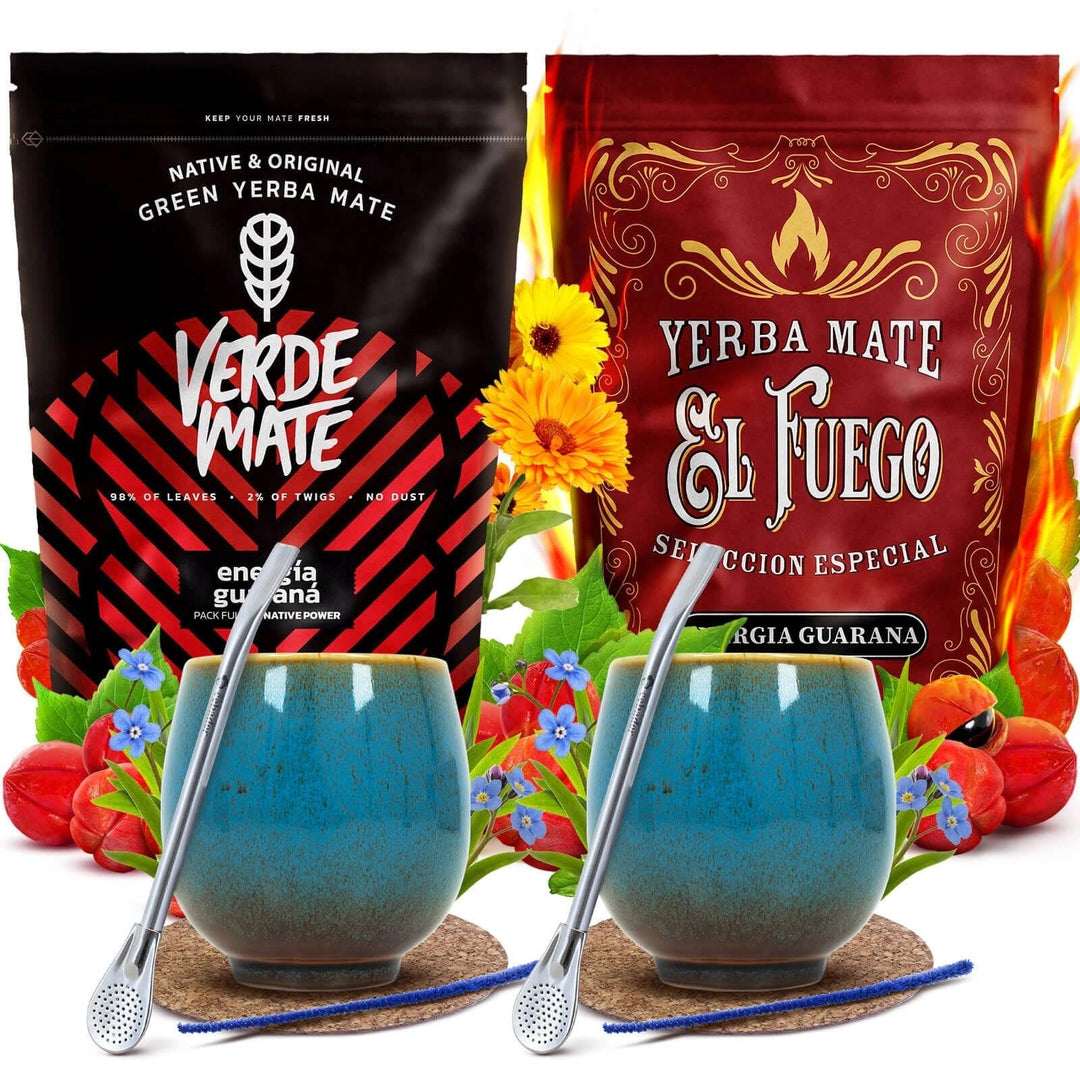 Verde Mate & El Fuego Mate Tee Set 1kg - Yerba Mate Energia Guarana - mit 2x Keramik Mate Becher Isl