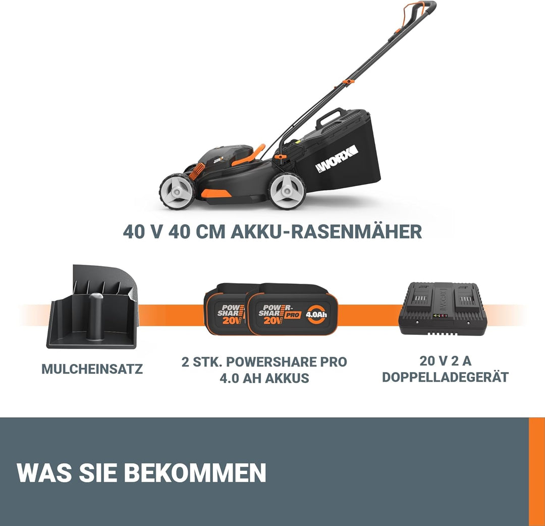 WORX WG743E Akku-Rasenmäher 40V – Profi Rasenmäher mit Mulchfunktion & PowerShare Akku – Rasenmähen