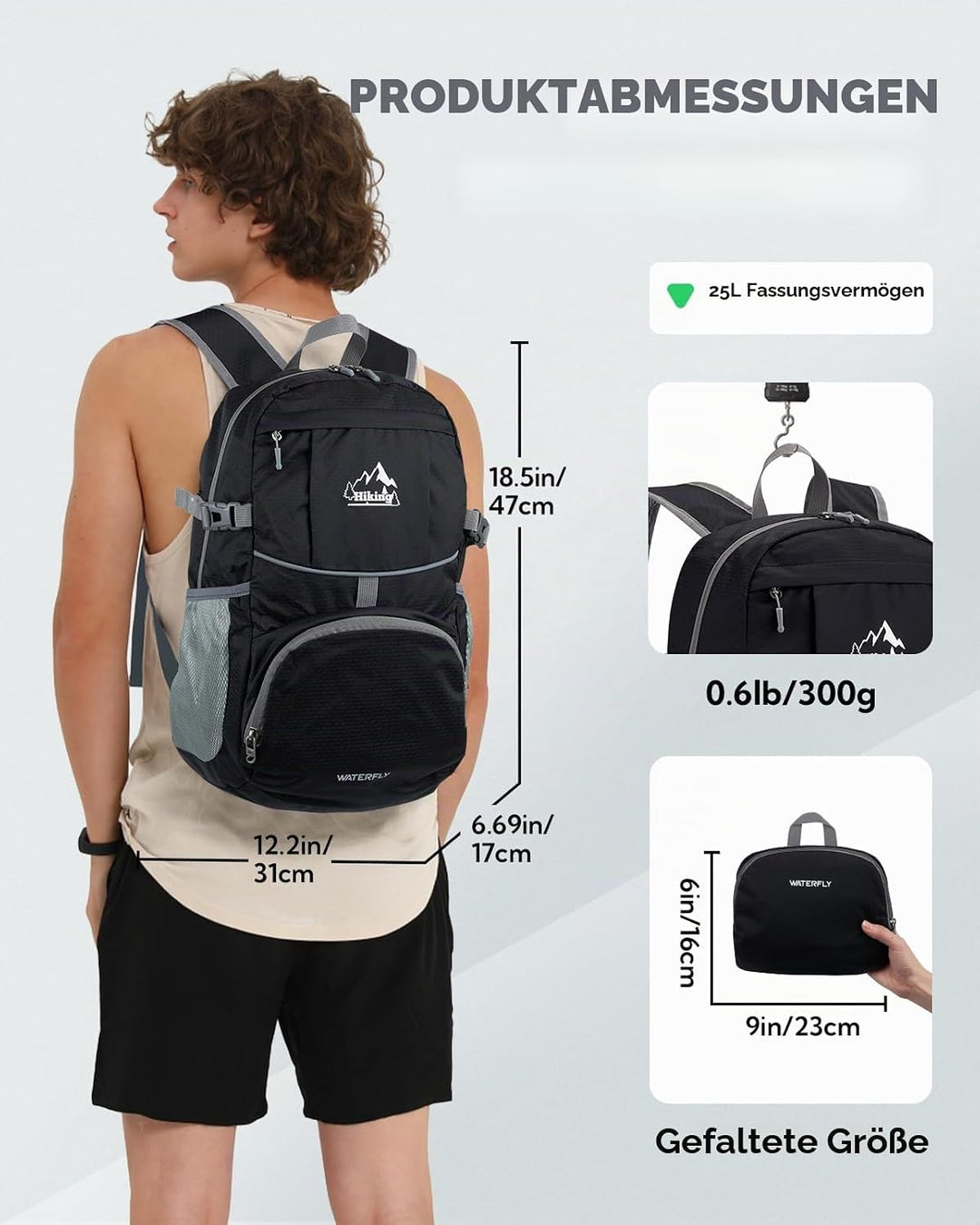 WATERFLY Faltbarer Rucksack Ultraleicht Wanderrucksack: 25L Leichter Tagesrucksack Sportlich Packabl