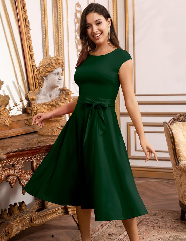 DRESSTELLS Cocktailkleid Damen Elegant 1950er Knielang Rockabilly Hochzeitkleid Vintage A-Line Swing