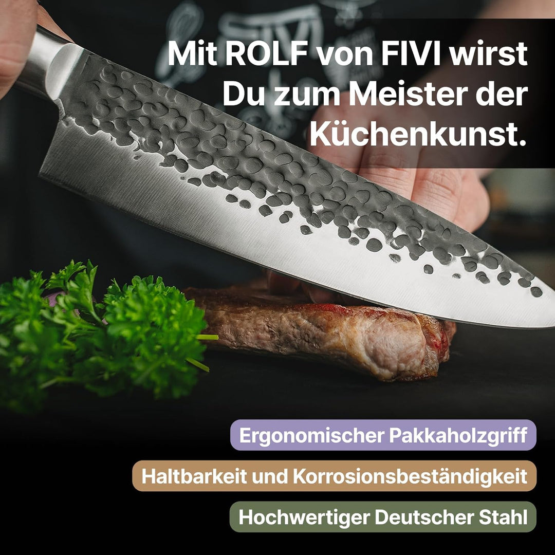 FIVI Kochmesser ROLF 20 cm | Profi Chefmesser aus rostfreiem Stahl mit Hammerschlag – Scharfes Allzw