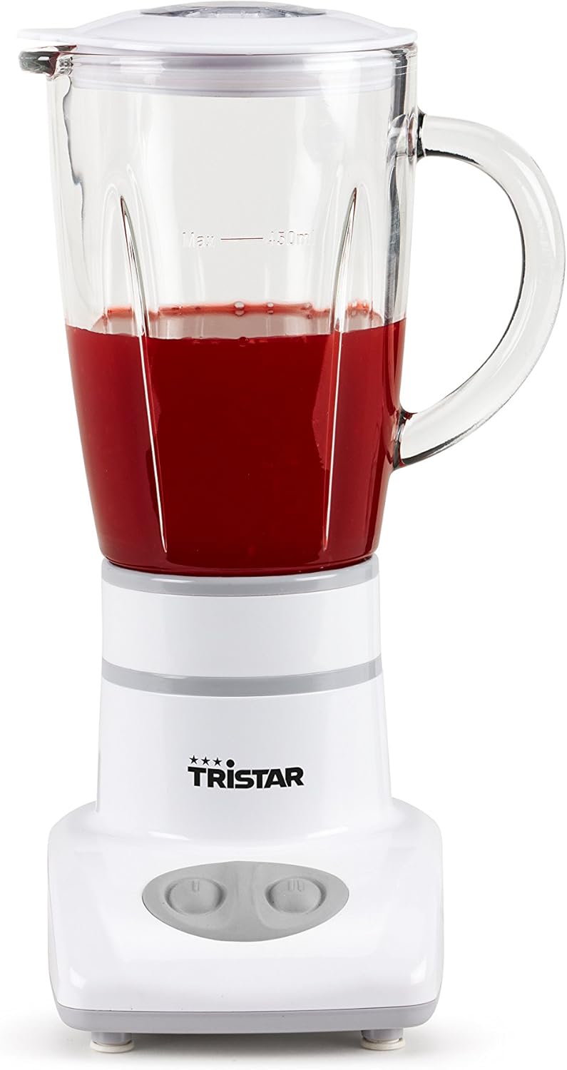 Tristar BL-4431 Mixer – Edelstahlklingen – 2 Geschwindigkeiten - 450 ml Glaskanne - Kompakt