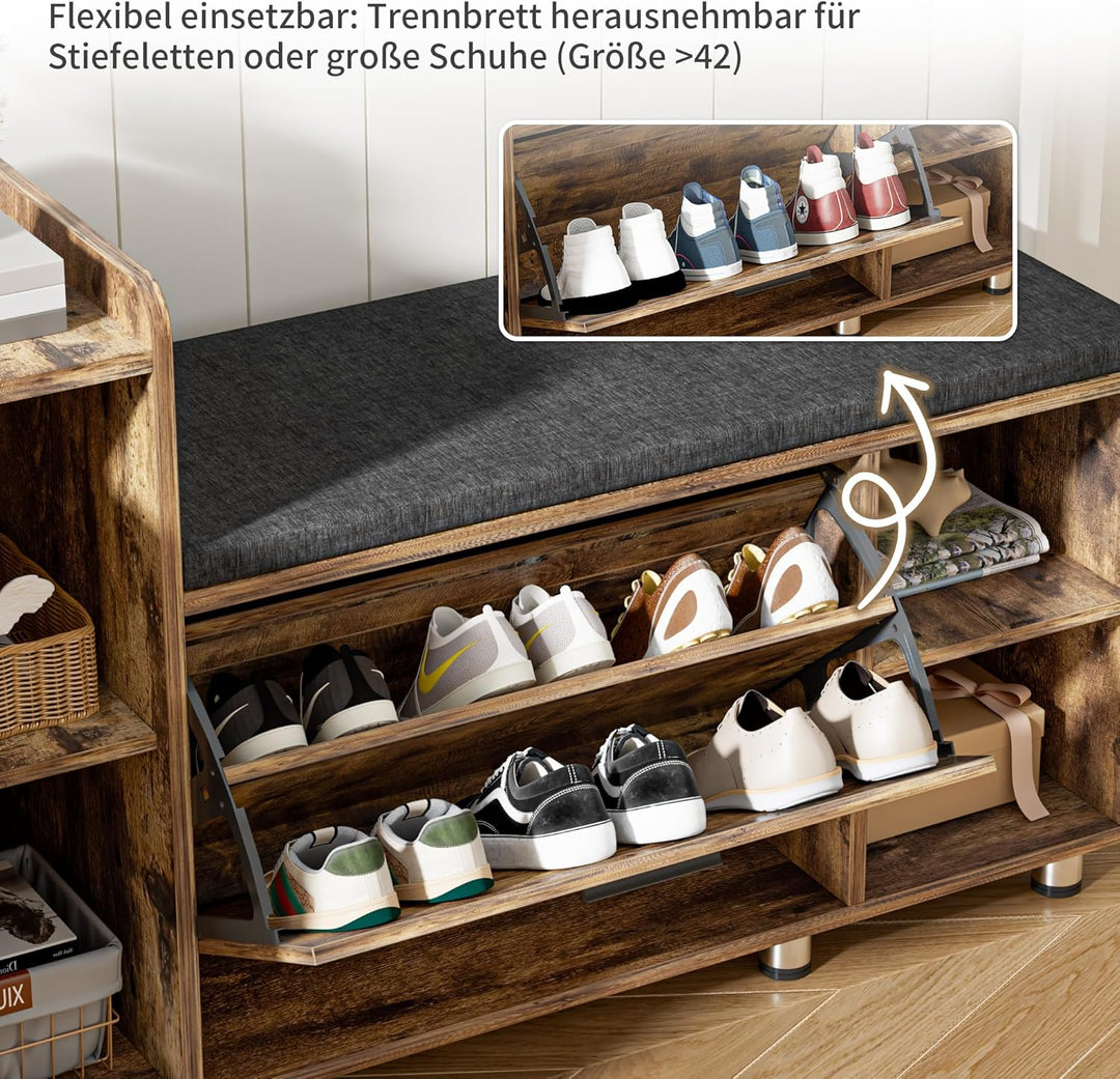 Schuhbank mit Sitzfläche, Klappfach mit Verstellbarer Trennwand, Höhenverstellbar, Schuhschrank mit