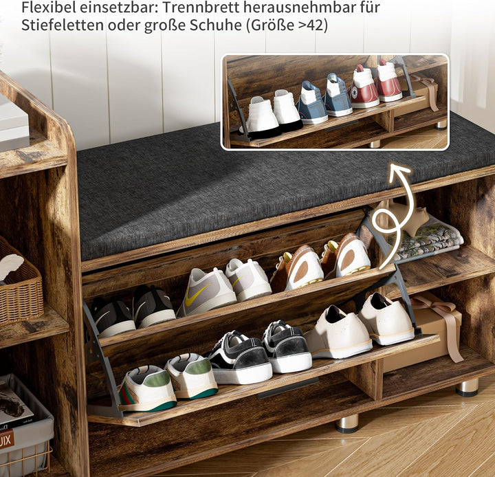 Schuhbank mit Sitzfläche, Klappfach mit Verstellbarer Trennwand, Höhenverstellbar, Schuhschrank mit