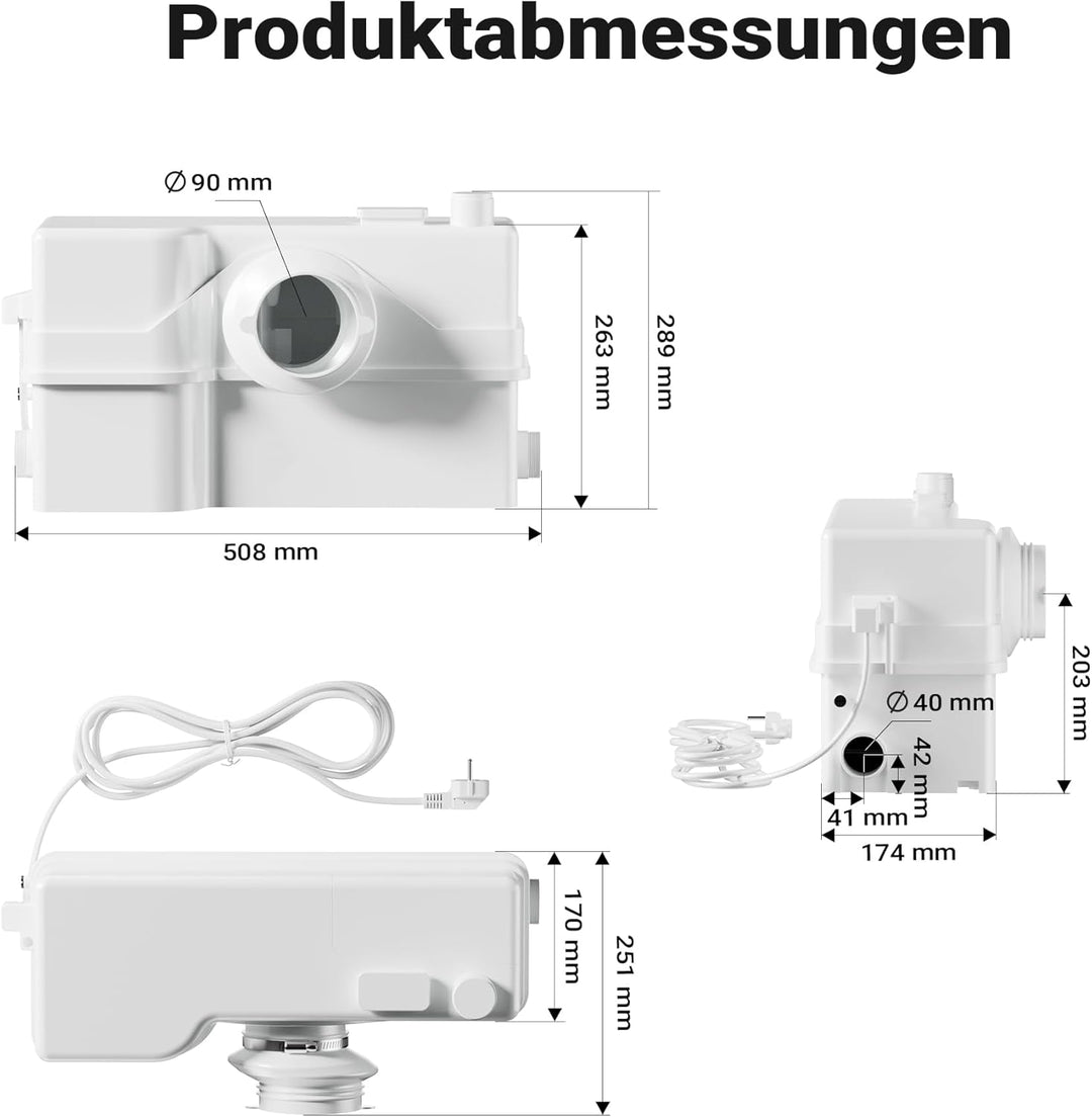 XPOtool 800W 4/2 WC Hebeanlage mit Zerkleinerer für Abwasser/Fäkalien, Schmutzwasserpumpe für WC