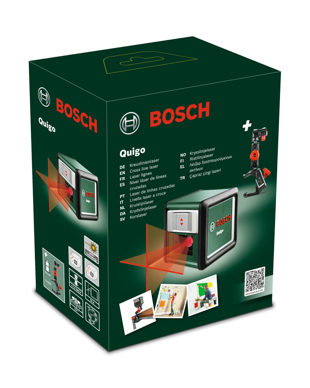Bosch Kreuzlinienlaser Quigo mit Universalklemme MM 2 (einfaches und präzises Ausrichten mit flexibl