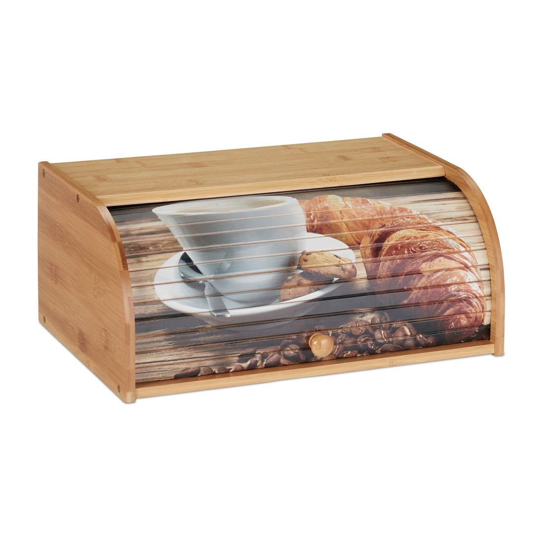 Relaxdays Brotkasten Bambus, Rolldeckel mit Motiv, aromadichte Brotaufbewahrung, mit Ablagefläche, H