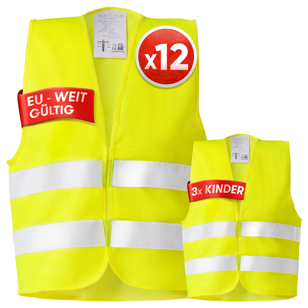 PURAHELP Warnwesten Auto 15er 12+3 Set Europaweit gültig nach EN ISO 20471 - Reflektierende Warnwest