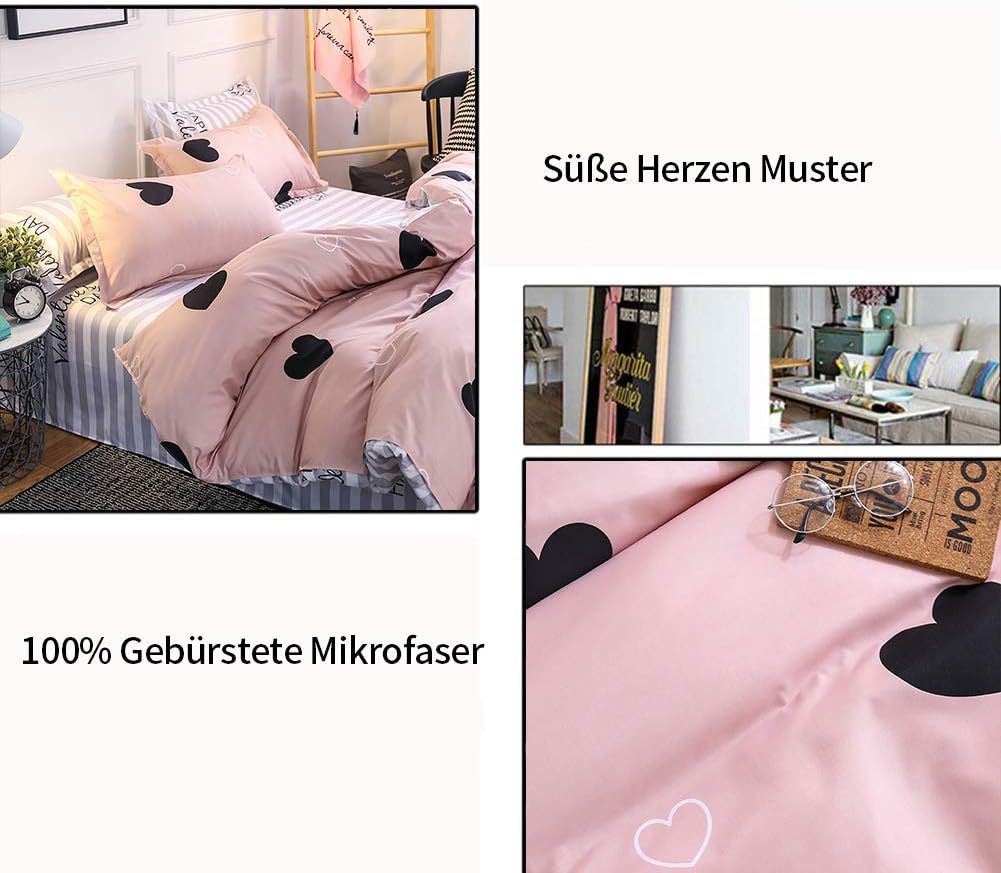 Kinderbettwäsche 135x200 Mädchen Rosa Herzen Motiv Kinder Bettwäsche Set 2 teilig Mikrofaser Bettbez