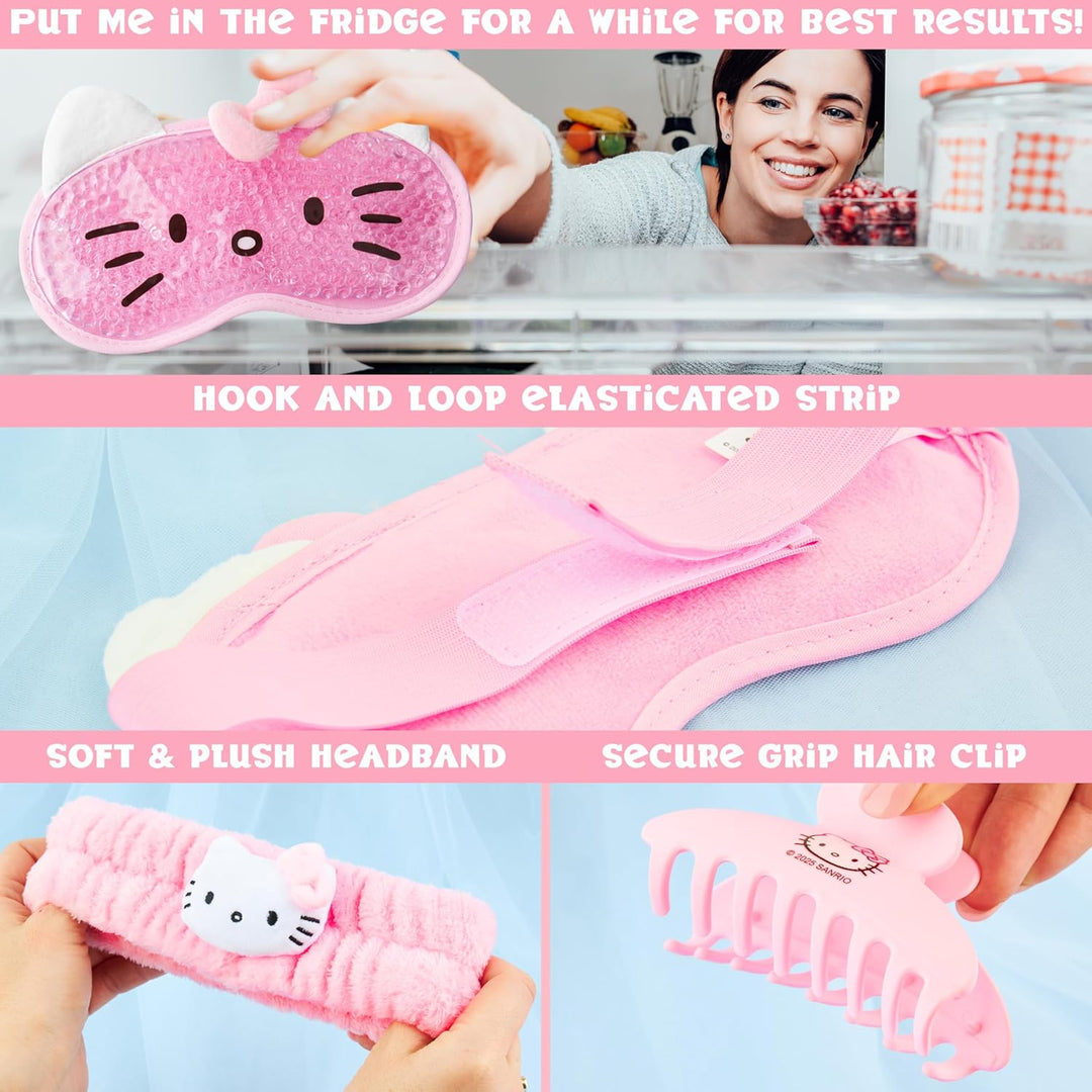 Hello Kitty Sanrio Beauty Set mit Gel Augenmaske Kühlend, Augen Pads, Haarband Damen & Haarklammer,