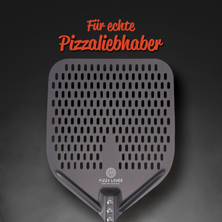 Pizza Lover® hochwertiger Pizzaschieber perforiert 35 x 35 cm Pizzaschaufel aus harteloxiertem Alumi