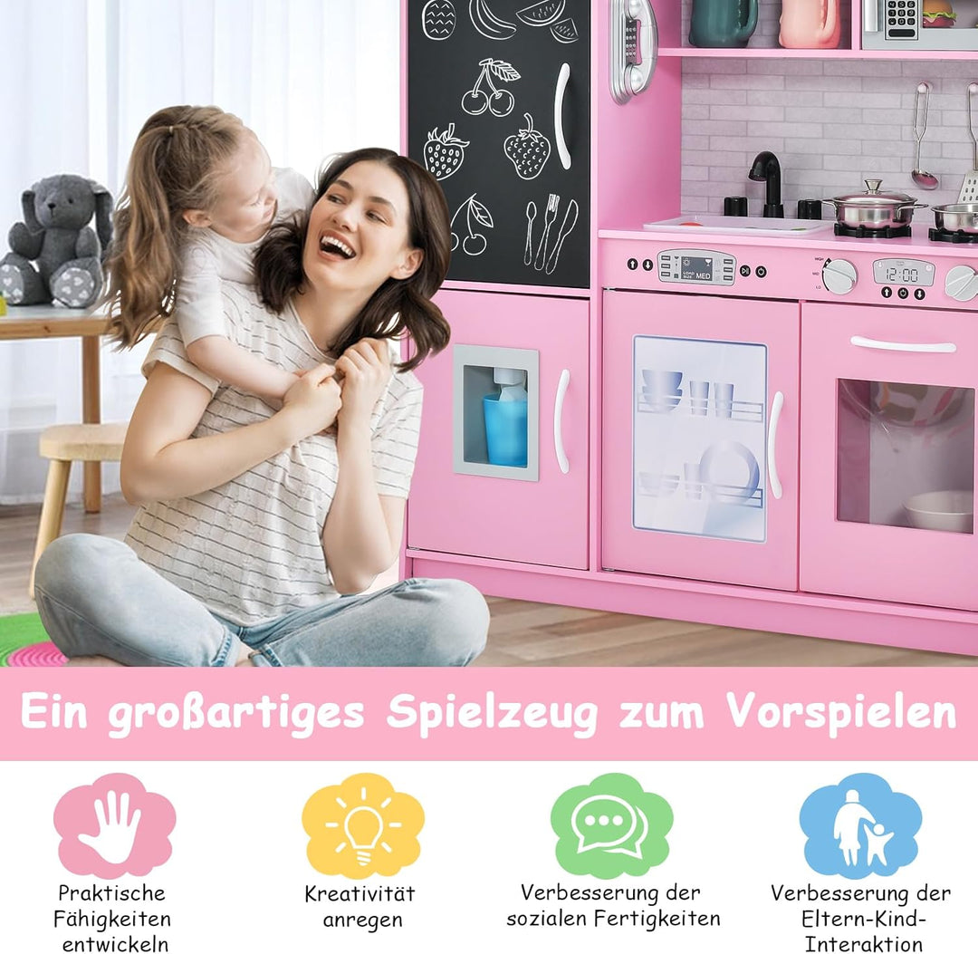GOPLUS Kinderküche aus Holz, Kinderspielküche mit Mikrowellen, Backofen, Wasserbecken, Kreidetafel &
