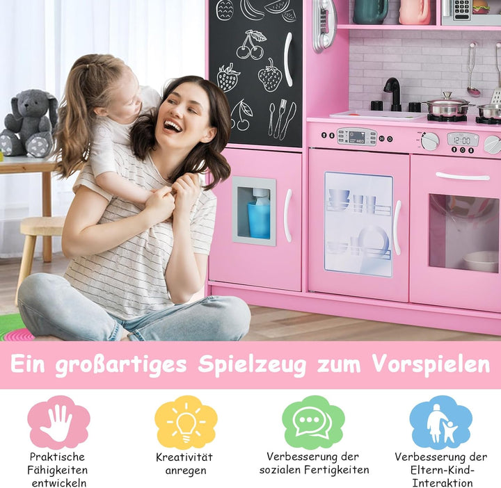 GOPLUS Kinderküche aus Holz, Kinderspielküche mit Mikrowellen, Backofen, Wasserbecken, Kreidetafel &
