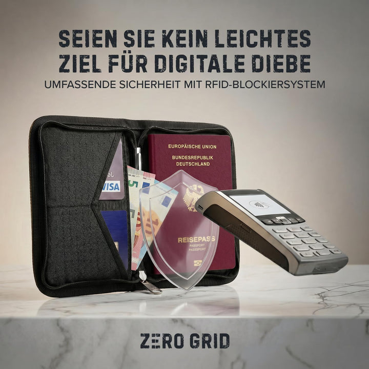 Reisepass Tasche Familien Reiseorganizer mit RFID Abschirmung - Reisedokumententasche Familie Schwar