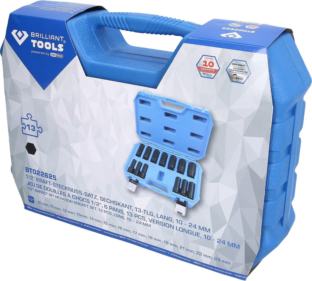 BRILLIANT TOOLS BT022625 1/2" Kraft-Stecknuss-Satz, Sechskant, 13-TLG, 10-24 mm,lang [Powered by KS