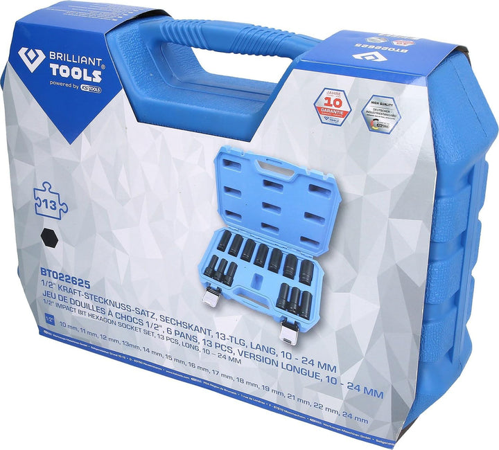 BRILLIANT TOOLS BT022625 1/2" Kraft-Stecknuss-Satz, Sechskant, 13-TLG, 10-24 mm,lang [Powered by KS