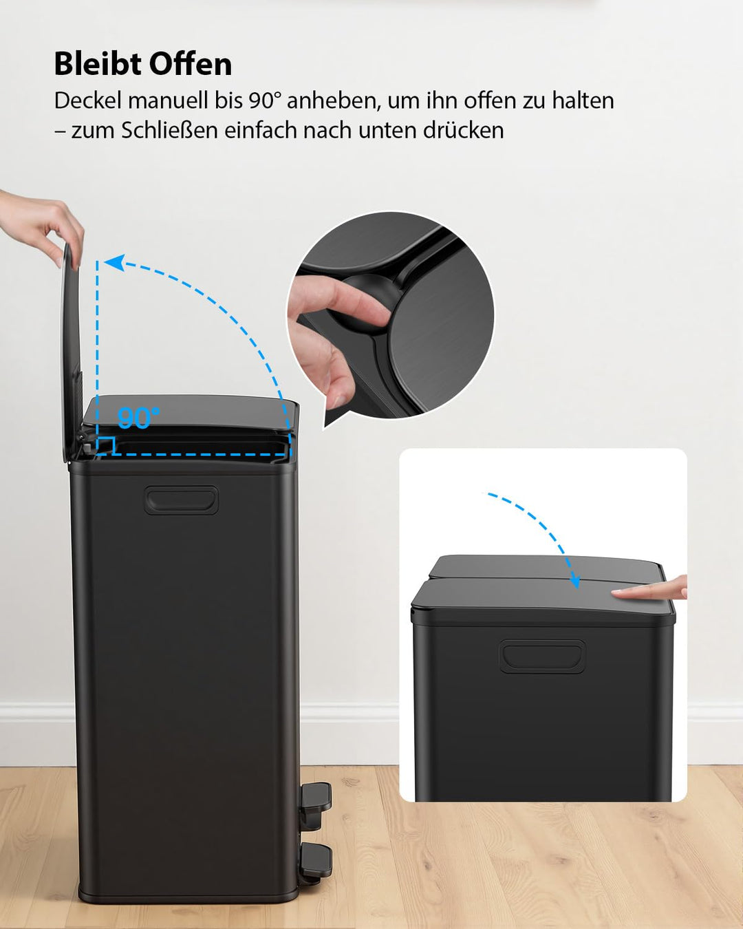 lovewind Mülleimer, 2 x 30L Mülleimer Küche, Doppeleimer für Recycling und Abfall, Schwarz, Mülleime