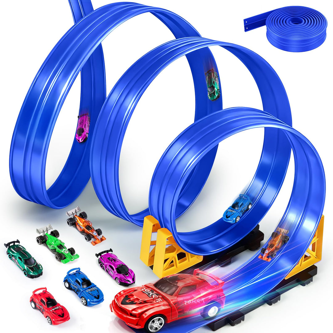 Autorennbahn Kinder, 500CM Rennbahn Rennstrecke Flexible Rennstrecke Kinder mit 6 Kleinwagen Aufbewa