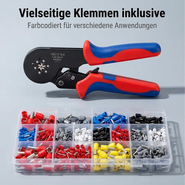 Crimpzangen-Set, Aderendhülsenzange 0,08–16 mm², Crimpzange Selbsteinstellend mit 1500 Aderendhülsen
