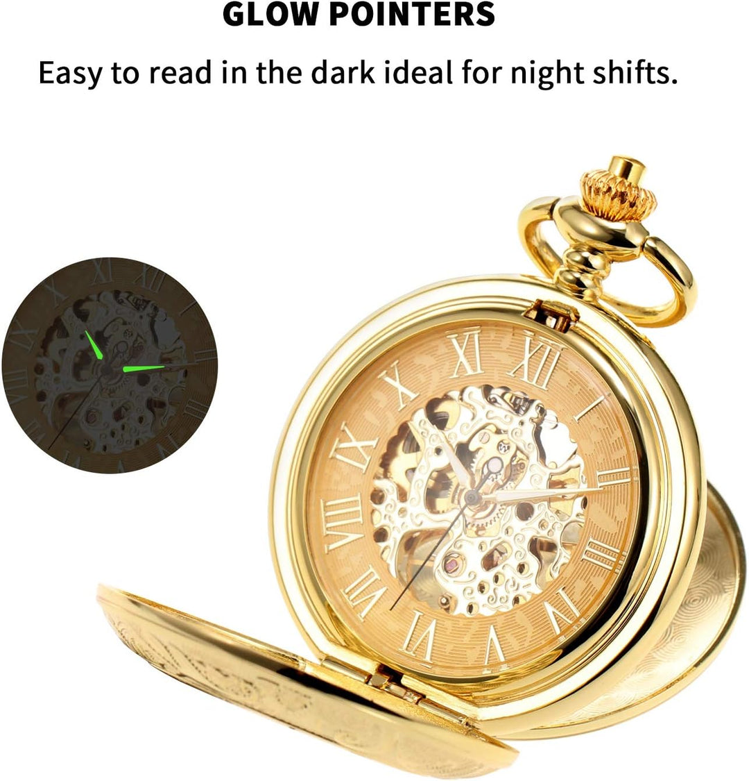 TREEWETO Unisex Taschenuhr mit Kette Mechanische Handaufzug Doppelscharnier Antik Skelett Römische Z