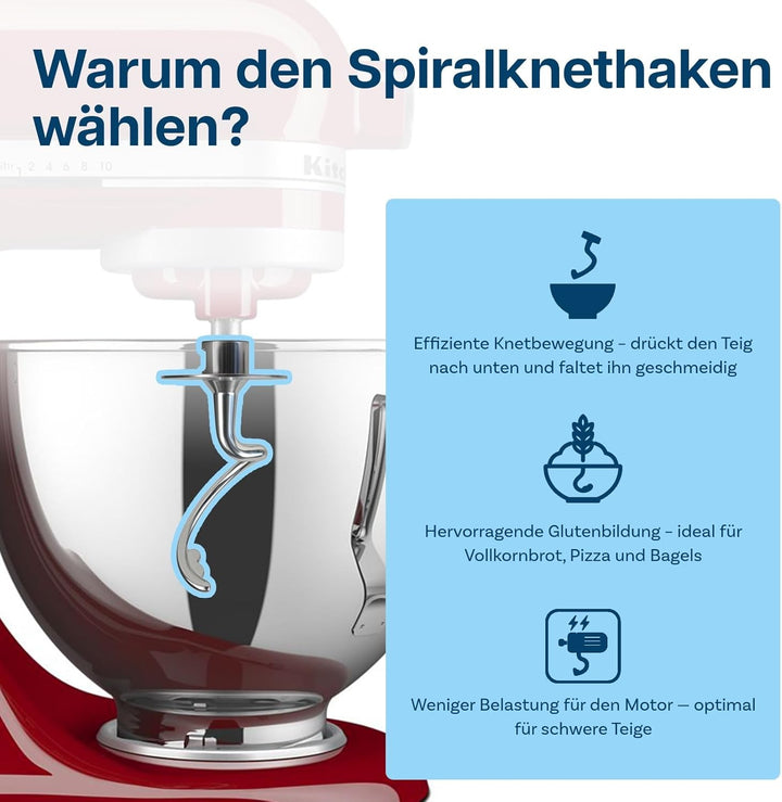 Edelstahl Spiral-Knethaken K45DH für KitchenAid 4.5-5 Quart Kippkopf-Standmixer Artisan & Classic Se